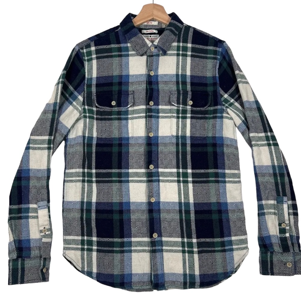 Lucky Brand Button Up Flannel Shirt Mens Size Medium Green Blue Plaid Slim Fit - Picture 1 of 5